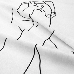 Close-up detail of the fine woven fabric texture and black minimalist line art print