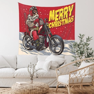 Detail of Bohemian Christmas tapestry featuring a biker Santa Claus on a modern living room wall