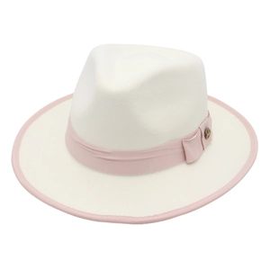 Classic cream wool fedora hat with pink grosgrain ribbon and vintage brass buckle