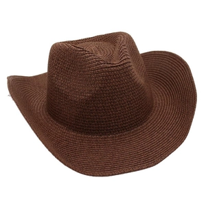 Detailed view of deep brown woven western cowboy hat with textured brim and crown