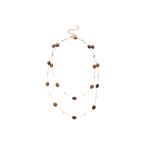 Double-layered golden necklace with brown tiger eye oval stone beads for women
