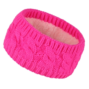 Detailed close-up of rose pink knitted headband with thick warm fleece lining texture