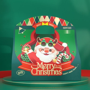 Green Christmas gift box featuring Santa Claus with sunglasses and a festive bow handle