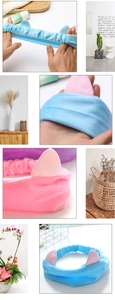 Detail of soft plush cat ear headbands in pink and blue colors with elastic fabric texture