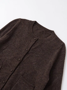 Detailed close-up of dark brown knit cardigan texture with fabric covered buttons