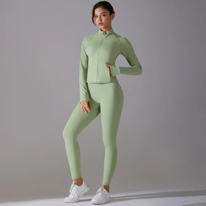 Detailed full-body view of matcha green long sleeve zip-up yoga set with high waist leggings