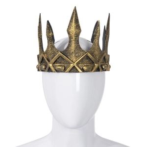 Close-up of medieval bronze foam crown with gothic texture on white display mannequin