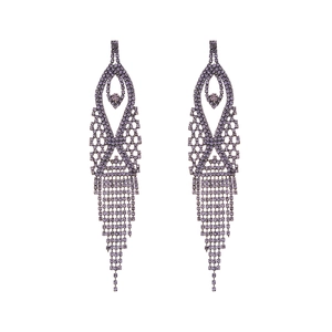 Elegant purple rhinestone tassel drop earrings with a geometric water droplet design