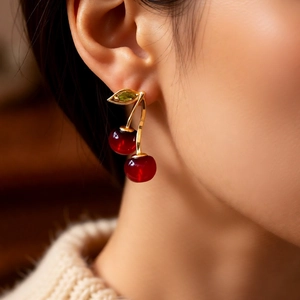 Macro shot of red cherry pendant earrings with golden leaves on a female model