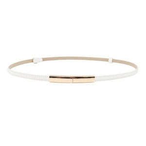 White thin patent leather belt for women with elegant gold interlocking metal buckle