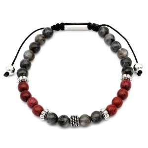 Men's adjustable tiger eye and labradorite beaded bracelet with silver metal charms