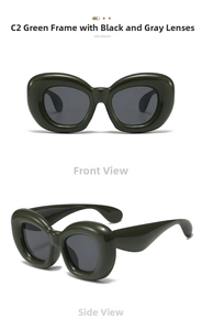 Front and side views of chunky deep green square sunglasses with dark grey lenses