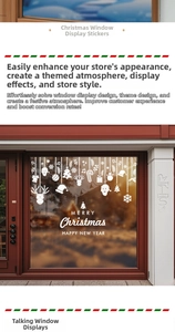 Detail of white Christmas window decals with Santa, reindeer and snowflakes decorations