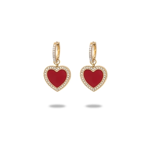 French vintage gold heart earrings with red enamel and pavé rhinestones for women