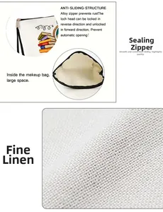 Detail view of linen teacher makeup bag featuring non-slip alloy zipper and spacious interior