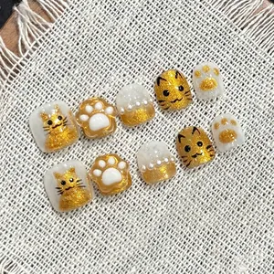 Handmade Press On Nails Cat Theme Relief Gold Glitter Artificial Pearl Cute Sweet Resin False Nails For Kids