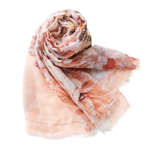 Pink butterfly floral linen-feel scarf with gold metallic thread and sheer texture