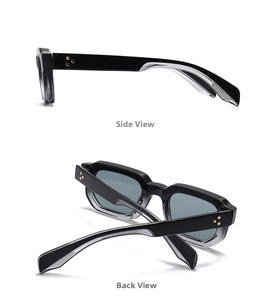 Detailed side and back view of retro narrow sunglasses with golden star rivets