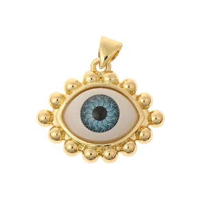 Detailed view of evil eye necklace pendant with gold beads and blue enamel inlay