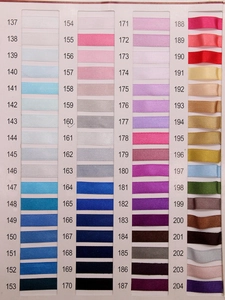 Detailed color chart showing 68 shades of 3mm double-sided satin ribbons with numeric codes