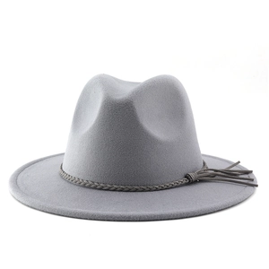 Classic grey wide brim fedora hat with tassel woven band for outdoor cowboy style