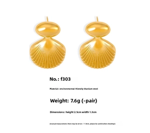 Detailed view of gold-plated titanium steel shell earrings with dimensions and weight