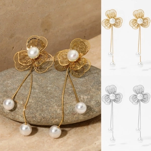 Hollow Flower Artificial Pearl Tassel Drop Earrings Stainless Steel Elegant Long Dangle Niche Design For Women Jewelry