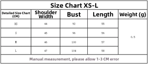 Tabella delle taglie da XS a L per il set gilet effetto pelle e minigonna