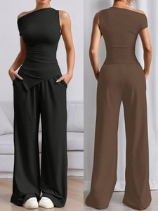 Women Solid Color One Shoulder Sleeveless Top And Wide Leg Pants Polyester Spandex Casual Summer Fashion Elegant Outfit