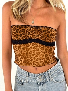 Women Leopard Print Tube Top Lace Trim Mesh Bow Sexy Slim Fit Strapless Crop Cami Streetwear Fashion Sleeveless