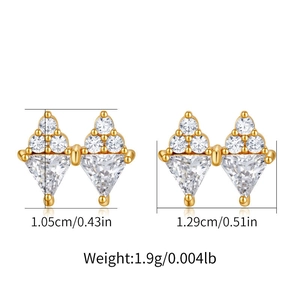 Detailed view of 18K gold plated zircon stud earrings with size and weight dimensions