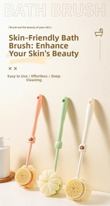 Detail of ergonomic long-handle bath brush with dual-sided soft bristles and loofah