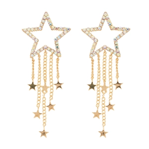 Elegant gold-plated star tassel earrings with colorful zircon rhinestones on white background