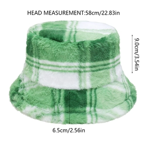 Detailed dimensions of the green and white plaid faux fur bucket hat showing measurements