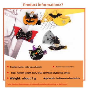 Detail view of 5 Halloween hair clip designs including pumpkin, bat, and witch hat styles