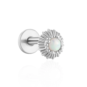 Detail of s925 silver sunflower cartilage stud with opal stone and flat back