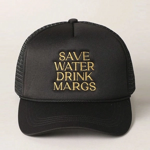 Detail of black trucker hat featuring golden Save Water Drink Margs embroidery and mesh back