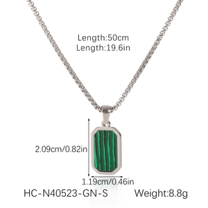 Detail view of silver square pendant with green malachite stone and dimension specs