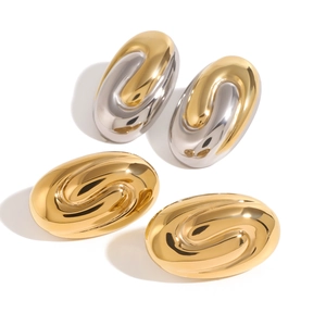 Geometric stainless steel stud earrings in gold and silver mixed tones on white background