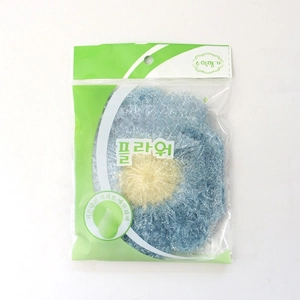Blue flower shaped acrylic knitted dish scrubber in retail packaging with hanging hole