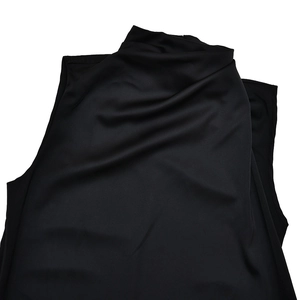 Detail of black high-neck sleeveless top showing soft fabric luster and shoulder design