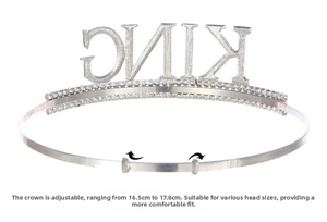 Close-up of silver King crown featuring adjustable metal buckle and sparkling rhinestones