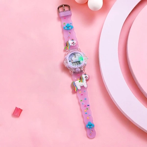 Kids digital watch with 3D unicorn embossed strap and colorful glowing LED lights