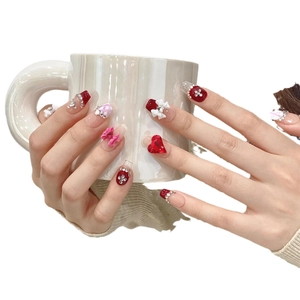 Handmade gradient red press-on nails with 3D hearts, bows and silver rhinestones