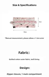 Detailed size chart for pink quilted pencil case showing 19cm width and 9cm height
