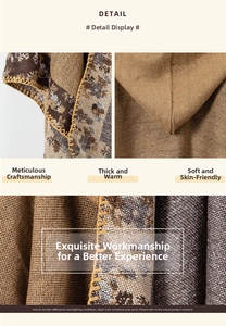 Detailed macro view of ethnic knit poncho showing thick texture and yellow stitched edges