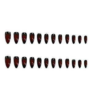 Burgundy and black gradient almond press-on nails set with glossy finish 24pcs