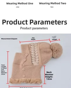 Größentabelle mit Maßen für Strickkapuzenschal mit Knöpfen und Kunstpelzbesatz