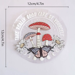 Rainbow prism suncatcher decal featuring mushrooms and 4.7-inch size measurement guide
