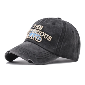 Vintage washed dark grey cotton baseball cap with The Mysterious Island 3D embroidery